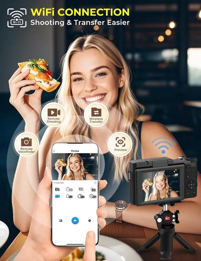 Alt view image 3 of 7 - 5K Digital Camera with WiFi 64MP Vlogging Camera for YouTube, Autofocus, Flip Screen, Webcam Function, Photography cameras for beginners with Selfie Light, Mini Tripod, Batteries