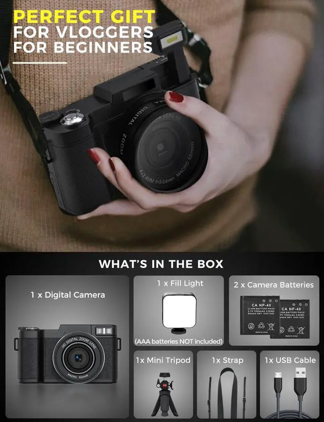 Alt view image 7 of 7 - 5K Digital Camera with WiFi 64MP Vlogging Camera for YouTube, Autofocus, Flip Screen, Webcam Function, Photography cameras for beginners with Selfie Light, Mini Tripod, Batteries