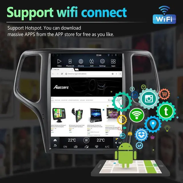 Alt view image 3 of 7 - Car Stereo Android 10 for Jeep Grand Cherokee 2014-2021, 12 inch Tesla Style Touch Screen Radio 4G ROM 64G RAM Built in Carplay Android Auto, Support WiFi/Bluetooth/SWC/Navigation/HDMI Output