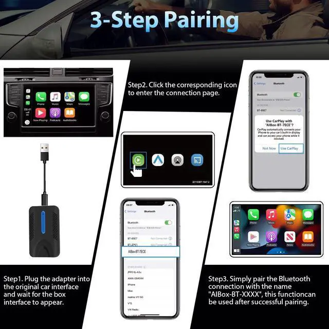 Alt view image 7 of 7 - 4-in-1 Car Wireless Adapter for Factory Wired CarPlay/Android auto AirPlay/Mirror Link 2024 Upgrade Wireless Features Adapter Plug & Play with USB-A/C to C Cables