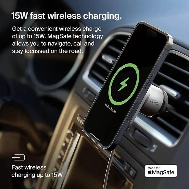 Alt view image 3 of 20 - Belkin BoostCharge ProWireless CarChargerwithMagSafe15W Extra Strong Magnetic Vent Mount for iPhone 12, 13, 14