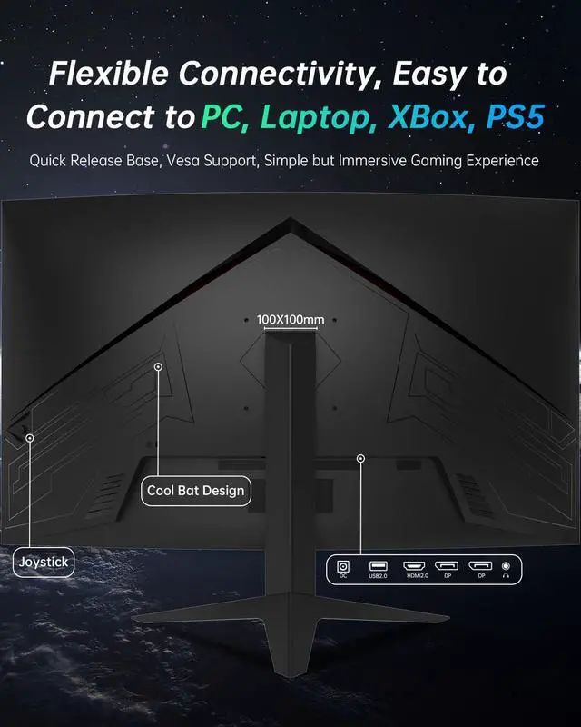 Alt view image 4 of 6 - KTC 32 inch Curved Gaming Monitor, 2K 165Hz Ultrawide Monitor, 1440P 144Hz Monitor, 1500R Frameless, 1ms, HDR, FreeSync Premium, DisplayPort/HDMI/USB, VESA Wall Mount, Desktop PC Monitor, H32S17