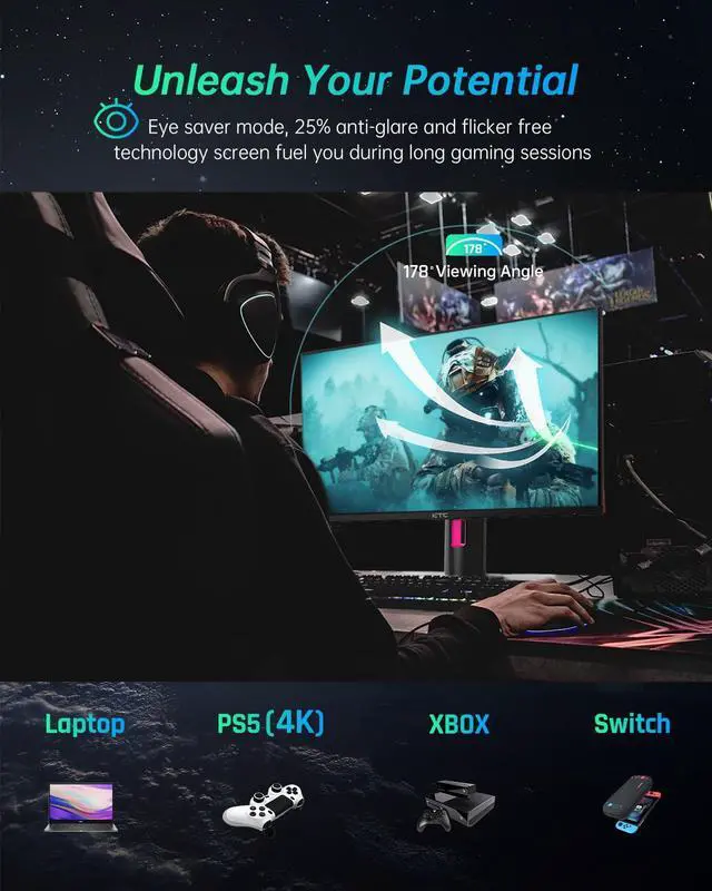 Alt view image 5 of 6 - KTC Gaming Monitor, 27 Inch 1440p 165Hz 144hz Monitor, 2K QHD 1ms GTG Fast IPS Computer Monitor, HDR, HDMI/USB C/DP Vertical Monitor, Swivel Tilt Height Pivot Adjustable, H27T22