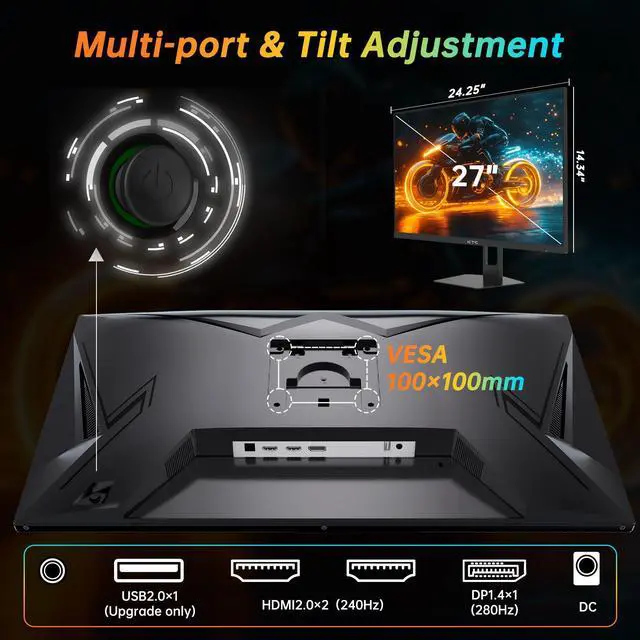 Alt view image 6 of 7 - KTC 27 Inch 280Hz Gaming Monitor, FHD 1080P 240Hz PC Computer Monitor, Fast VA Panel, 1ms GTG, FreeSync G-Sync Compatible, HDR Support, 126% sRGB, HDMI and Displayport Inputs, H27E22P