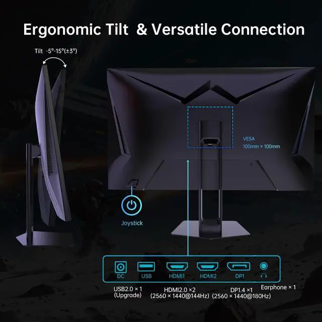 Alt view image 5 of 6 - KTC 27 Inch 180Hz Gaming Monitor, QHD 1440P 1ms GTG Fast IPS 2K Computer Gamer Monitor, Adaptive Sync, HDR , Tilt Adjustment, VESA Compatible, Eye Care, DisplayPort HDMI, H27T22S