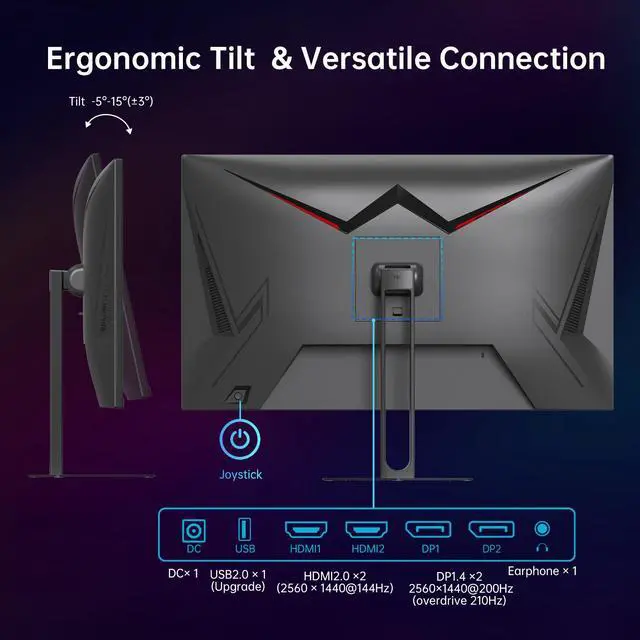 Alt view image 6 of 7 - KTC 27 Inch QHD Gaming Monitor, 2K 200Hz Up to 210Hz 1ms Fast IPS Computer Monitor, HDR400, 1440P with Adaptive Sync, Built-in Speakers, HDMI Displayport, Tilt Adjustment, VESA Compatible