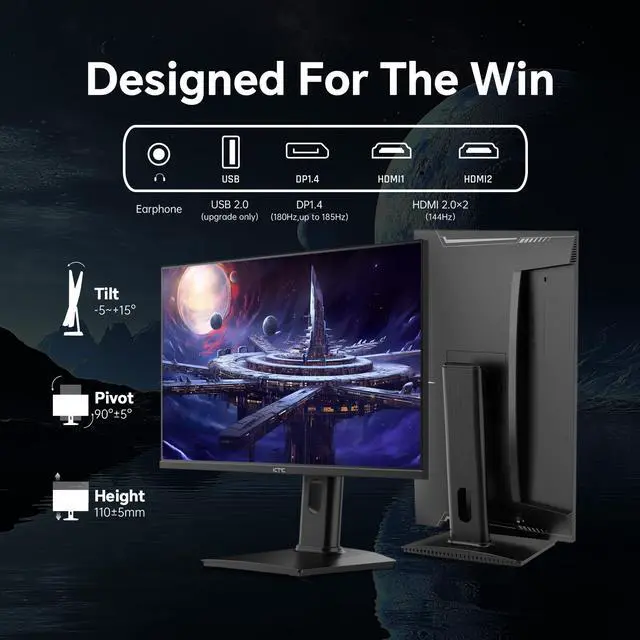 Alt view image 4 of 7 - KTC 24 inch Gaming Monitor QHD 180Hz, Fast IPS 1440p Computer Monitor, Up to 185Hz, 1ms, G-Sync/FreeSync, HDR400, Height Adjustable, 2 x HDMI, 1 x DP H24T7