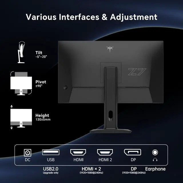 Alt view image 6 of 7 - KTC 27 Inch Gaming Monitor 240Hz, FHD 1080p Fast IPS Computer Monitor with Adaptive Sync, HDR, Height Pivot Tilt Adjustable, Vesa Mount, HDMI/DP/USB, H27F7