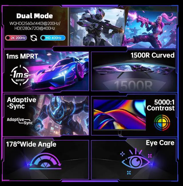 Alt view image 7 of 7 - KTC 27 Inch 1440p 200Hz Curved Gaming Monitor, WQHD 200Hz / HD 400Hz Dual Mode 1500R PC Monitor, Adaptive-Sync, 5000:1 Contrast, HDR, HDMI/DisplayPort, VESA Compatible, H27S5