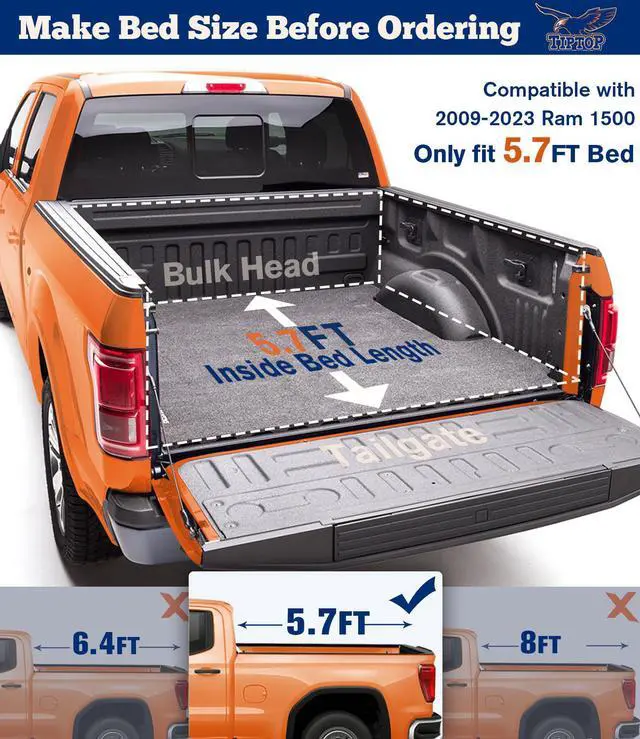 Alt view image 2 of 7 - TIPTOP Soft Roll-Up Tonneau Cover Truck Bed For 2009-2023 Ram1500 5.7ft Bed (67.4") w/o RamBox | TP1 |
