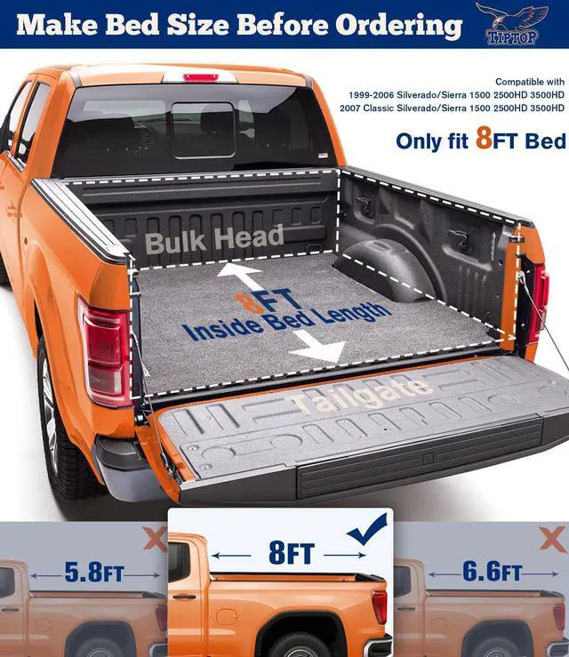 Alt view image 2 of 7 - TIPTOP Soft Roll-Up Tonneau Cover Truck Bed For 1999-2006, 07 Classic Silverado / Sierra 1500 2500 HD 3500 HD 8ft Bed (96") | TP1 |