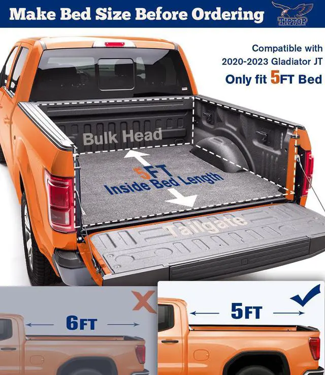 Alt view image 2 of 7 - TIPTOP Soft Roll-Up Tonneau Cover Truck Bed For 2020-2023 Gladiator JT 5ft Bed (60.3") | TP1 |For Models With or Without The Trail Rail System|