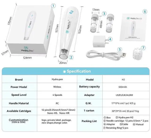 Alt view image 6 of 7 - Hydra Pen H2 Microneedling Pen Automatic Applicator Skin Care Microneedling Derma Pen