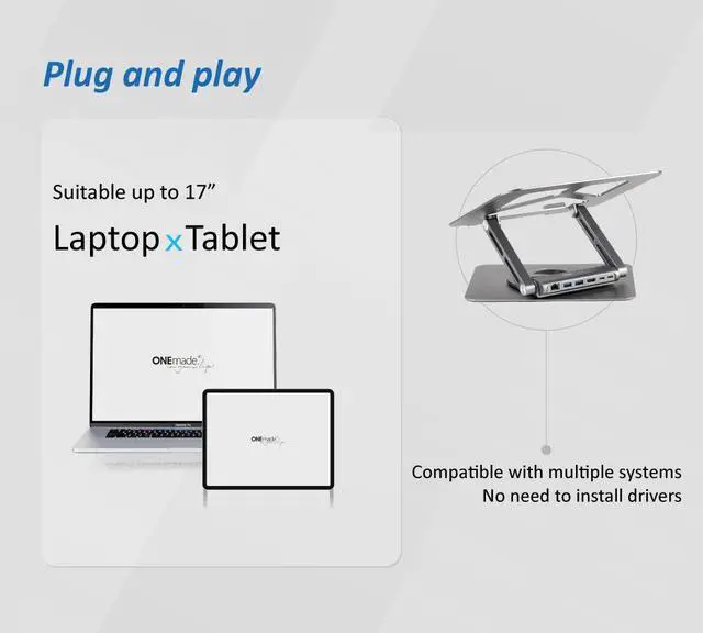 Alt view image 4 of 7 - idart SOZ 6-in-1 Swivel Stand Hub with 100W PD, USB-C, 4K@60Hz HDMI, 5Gbps USB-A 3.0 x2, Ethernet(RJ45), for Laptop/Tablet/Book up to 17 Inches & 4.5kg, Detachable Docking Station/ Foldable Stand