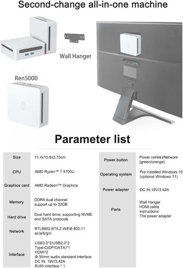 Alt view image 7 of 7 - Mini PC Ren5000 5700U AMD Ryzen7 5700U CPU Support Windows 10/11 DDR4 1900MHz AMD WiFi6 NUC Max 32GB RAM