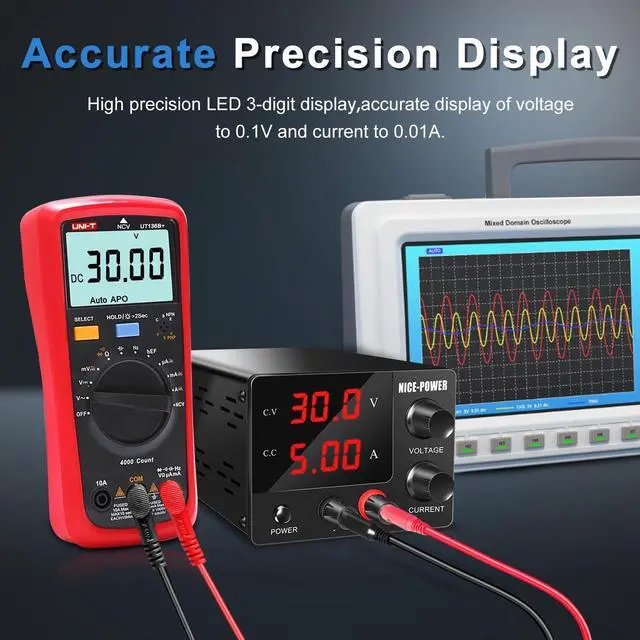 Alt view image 3 of 7 - NICE-POWER DC Power Supply Variable, 30V 5A Adjustable Switching Regulated Power Supply with Encoder, Upgraded 3-Digits LED Display, Mini Regulated DC Bench Power Supply