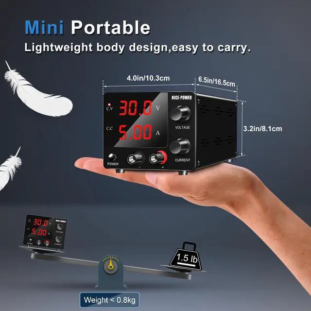 Alt view image 6 of 7 - NICE-POWER DC Power Supply Variable, 30V 5A Adjustable Switching Regulated Power Supply with Encoder, Upgraded 3-Digits LED Display, Mini Regulated DC Bench Power Supply
