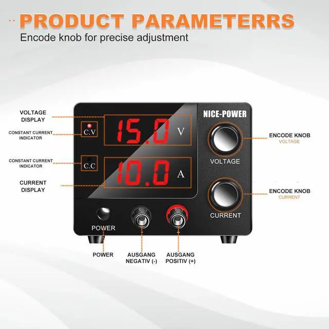 Alt view image 2 of 7 - NICE-POWER DC Power Supply Variable 0~30V 0~10A, 3-Digits LED Display Current and Voltage Adjustable 150W Fixed with Encoder DC Bench Power Supply 15V 10A/30V 5A,Electroplating DIY etc DC Power Supply