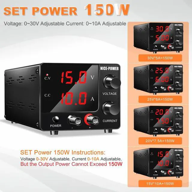 Alt view image 3 of 7 - NICE-POWER DC Power Supply Variable 0~30V 0~10A, 3-Digits LED Display Current and Voltage Adjustable 150W Fixed with Encoder DC Bench Power Supply 15V 10A/30V 5A,Electroplating DIY etc DC Power Supply
