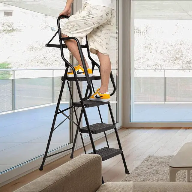 Alt view image 2 of 7 - WiberWi 4 Step Ladder with Handrails Folding Step Stool with Tool Plateform, 330 lb Capacity Step Stools for Adults Portable Ladder for Home Kitchen Steel Frame with Non-Slip Wide Pedal