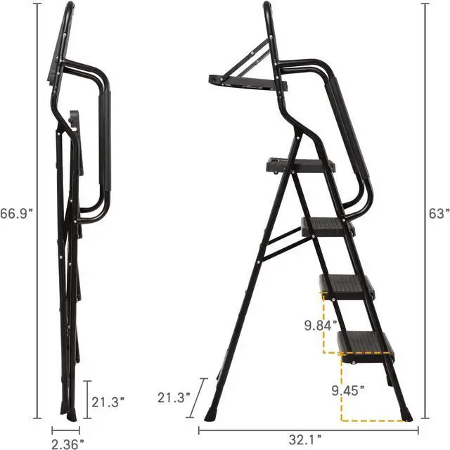 Alt view image 3 of 7 - WiberWi 4 Step Ladder with Handrails Folding Step Stool with Tool Plateform, 330 lb Capacity Step Stools for Adults Portable Ladder for Home Kitchen Steel Frame with Non-Slip Wide Pedal