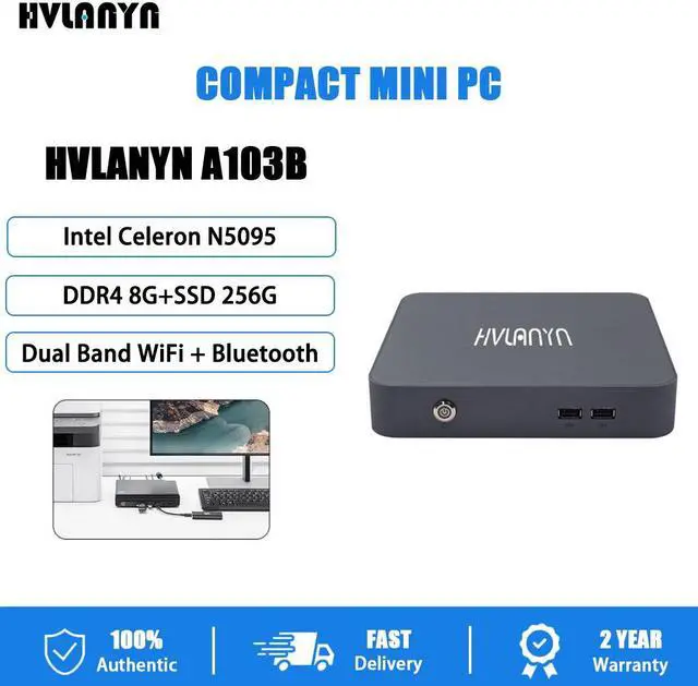 Main image of HVLANYN Mini PC A103B,Windows 10 Home, 8GB RAM+ 256GB SSD Quad-Core and Four-Thread Mini Desktop Computers Micro Computer Tower, Wi-Fi 5G, BT 4.0 USB 2.0 for Business Home Office Intel Celeron N5095