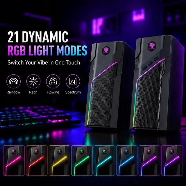 Alt view image 2 of 7 - museeq W-206RE RGB Gaming Speakers for PC, Bluetooth & USB Desktop Speakers for Gaming PC and Monitor, Touch Control Stereo Computer Speakers with 21 LED Light Modes