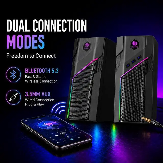 Alt view image 4 of 7 - museeq W-206RE RGB Gaming Speakers for PC, Bluetooth & USB Desktop Speakers for Gaming PC and Monitor, Touch Control Stereo Computer Speakers with 21 LED Light Modes