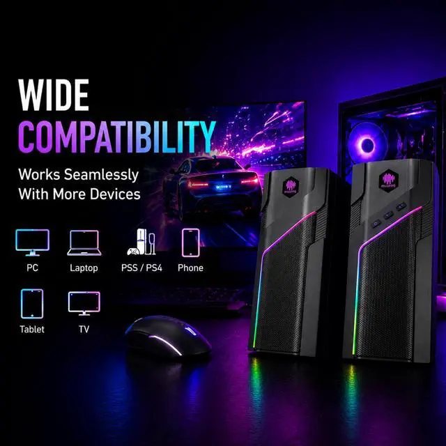 Alt view image 5 of 7 - museeq W-206RE RGB Gaming Speakers for PC, Bluetooth & USB Desktop Speakers for Gaming PC and Monitor, Touch Control Stereo Computer Speakers with 21 LED Light Modes