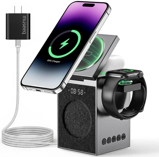 Main image of MUSEEQ 3-in-1 Wireless Charger with Bluetooth 6.0 Speaker, Alarm Clock & Conference Mic, Magnetic Charging Stand for iPhone, AirPods, Apple Watch Grey, (Adapter Included)