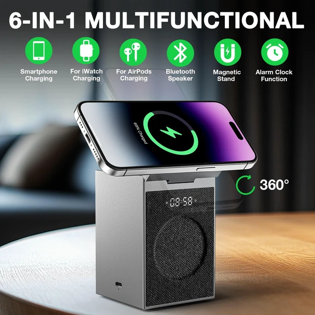 Alt view image 2 of 7 - MUSEEQ 3-in-1 Wireless Charger with Bluetooth 6.0 Speaker, Alarm Clock & Conference Mic, Magnetic Charging Stand for iPhone, AirPods, Apple Watch Grey, (Adapter Included)