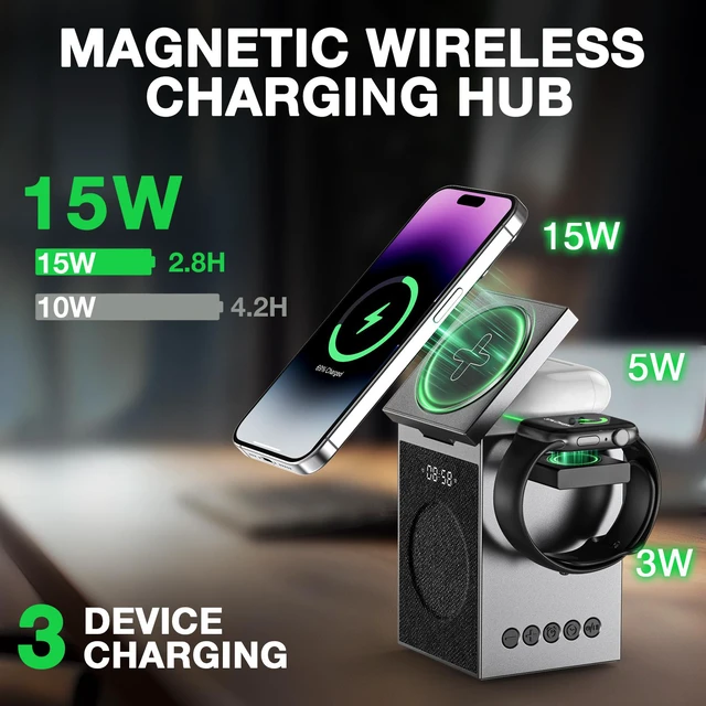 Alt view image 3 of 7 - MUSEEQ 3-in-1 Wireless Charger with Bluetooth 6.0 Speaker, Alarm Clock & Conference Mic, Magnetic Charging Stand for iPhone, AirPods, Apple Watch Grey, (Adapter Included)