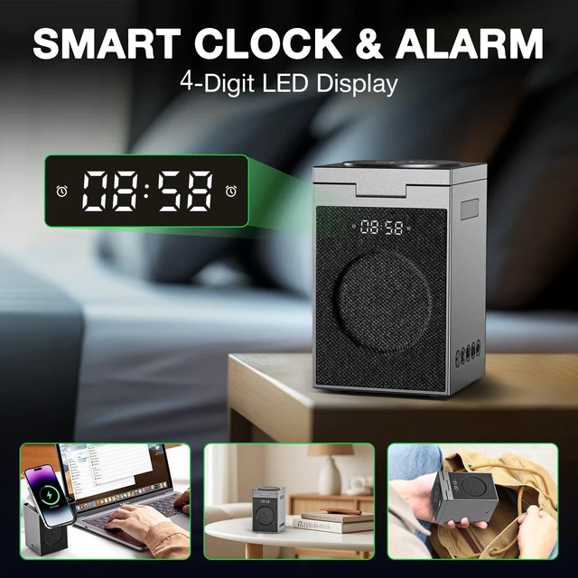 Alt view image 5 of 7 - MUSEEQ 3-in-1 Wireless Charger with Bluetooth 6.0 Speaker, Alarm Clock & Conference Mic, Magnetic Charging Stand for iPhone, AirPods, Apple Watch Grey, (Adapter Included)