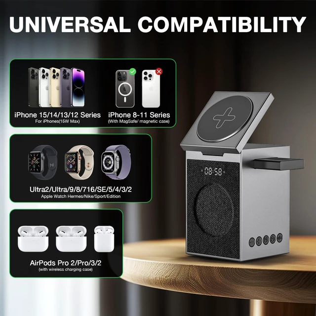 Alt view image 6 of 7 - MUSEEQ 3-in-1 Wireless Charger with Bluetooth 6.0 Speaker, Alarm Clock & Conference Mic, Magnetic Charging Stand for iPhone, AirPods, Apple Watch Grey, (Adapter Included)