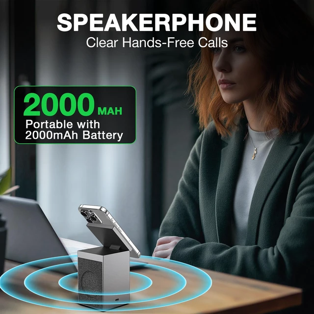 Alt view image 7 of 7 - MUSEEQ 3-in-1 Wireless Charger with Bluetooth 6.0 Speaker, Alarm Clock & Conference Mic, Magnetic Charging Stand for iPhone, AirPods, Apple Watch Grey, (Adapter Included)