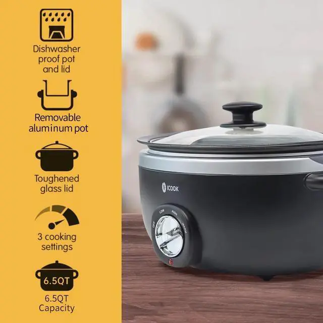 Alt view image 3 of 5 - HOPDAY 6.5 Quart Slow Cooker, Aluminium Sear/Sauté Stew Pot Stovetop Safe, Dishwasher Safe, Glass Lid, Adjustable Temp, Food Warmer (Black)