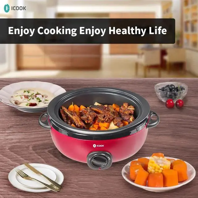 Alt view image 4 of 5 - HOPDAY 6.5 Quart Slow Cooker, Aluminium Sear/Sauté Stew Pot Stovetop Safe, Dishwasher Safe, Glass Lid, Adjustable Temp, Food Warmer (Red)