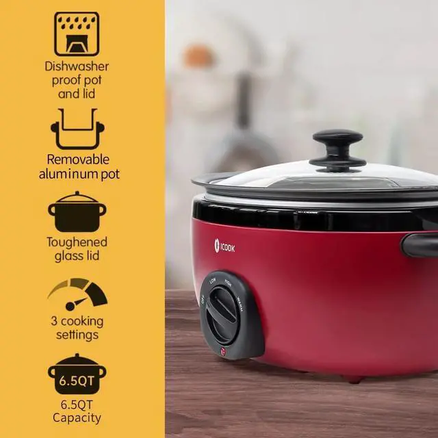 Alt view image 5 of 5 - HOPDAY 6.5 Quart Slow Cooker, Aluminium Sear/Sauté Stew Pot Stovetop Safe, Dishwasher Safe, Glass Lid, Adjustable Temp, Food Warmer (Red)