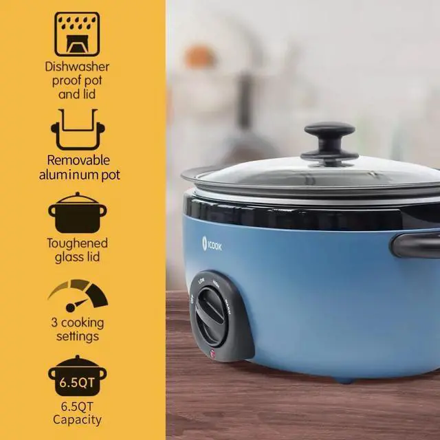 Alt view image 5 of 5 - HOPDAY 6.5 Quart Slow Cooker, Aluminium Sear/Sauté Stew Pot Stovetop Safe, Dishwasher Safe, Glass Lid, Adjustable Temp, Food Warmer (Blue)