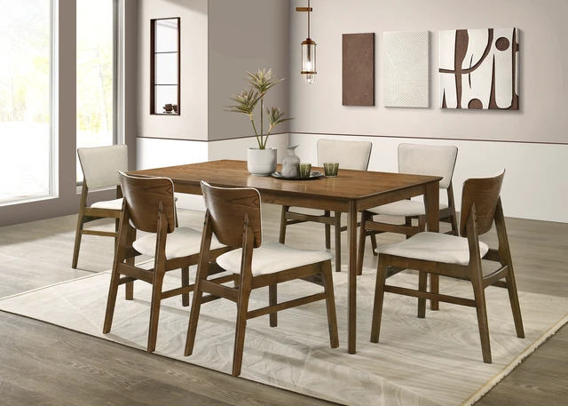 Alt view image 7 of 7 - DUOSI 2pc Mid-century Modern Upholstered Chairs Brown Finish Beige Fabric Upholstery Wooden Dining Room Furniture