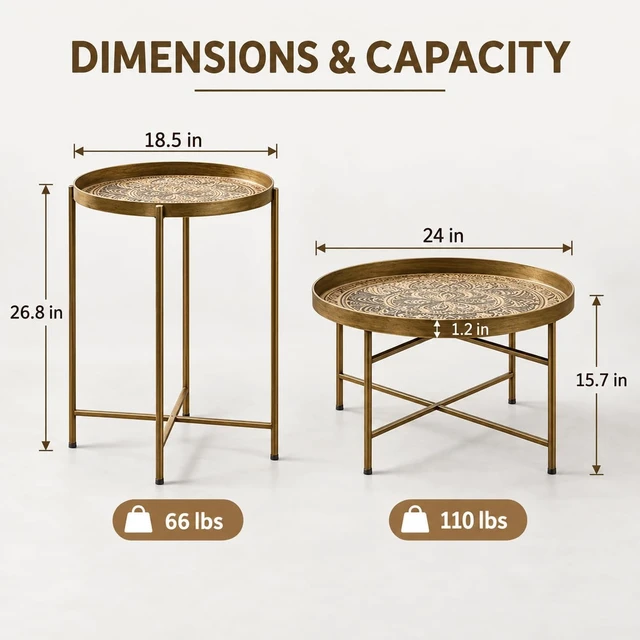 Alt view image 2 of 7 - DUOSI Gold Round Coffee Table Set with Hammered Tray Top & Metal Frame, Center Table for Living Room & Bedroom