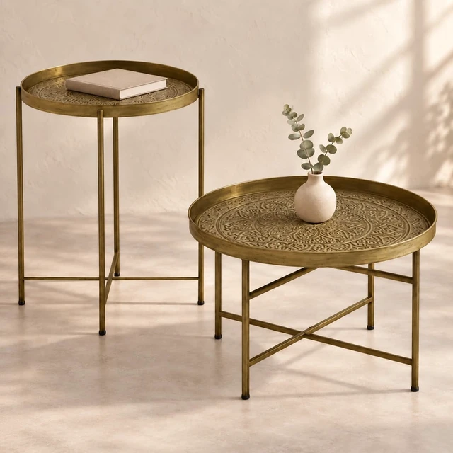 Alt view image 5 of 7 - DUOSI Gold Round Coffee Table Set with Hammered Tray Top & Metal Frame, Center Table for Living Room & Bedroom