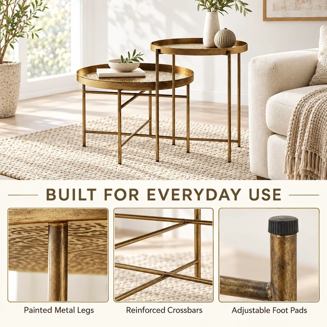 Alt view image 6 of 7 - DUOSI Gold Round Coffee Table Set with Hammered Tray Top & Metal Frame, Center Table for Living Room & Bedroom