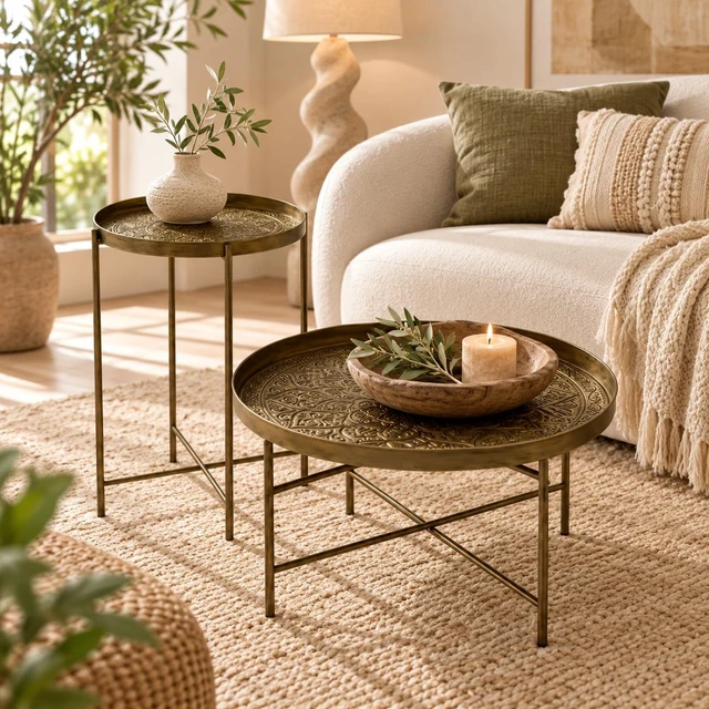 Alt view image 4 of 7 - DUOSI Gold Round Coffee Table Set with Hammered Tray Top & Metal Frame, Center Table for Living Room & Bedroom
