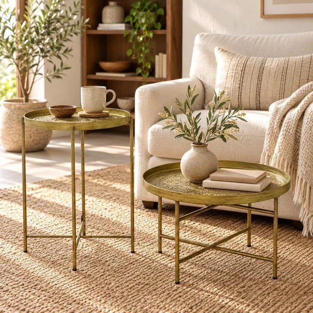 Alt view image 7 of 7 - DUOSI Gold Round Coffee Table Set with Hammered Tray Top & Metal Frame, Center Table for Living Room & Bedroom