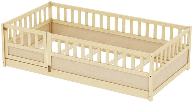 Alt view image 6 of 7 - DUOSI Twin Size Floor bed, integral construction with super high security barrier, door, children's floor bed frame, Montessori wooden children's floor bed