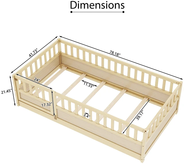 Alt view image 4 of 7 - DUOSI Twin Size Floor bed, integral construction with super high security barrier, door, children's floor bed frame, Montessori wooden children's floor bed