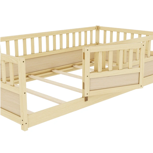 Alt view image 3 of 7 - DUOSI Twin Size Floor bed, integral construction with super high security barrier, door, children's floor bed frame, Montessori wooden children's floor bed