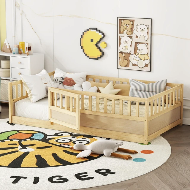 Alt view image 2 of 7 - DUOSI Twin Size Floor bed, integral construction with super high security barrier, door, children's floor bed frame, Montessori wooden children's floor bed