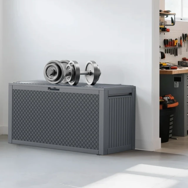 Alt view image 2 of 7 - DUOSI 90gal Outdoor Garden Plastic Storage Deck Box Chest Tools Cushions Toys Lockable Seat